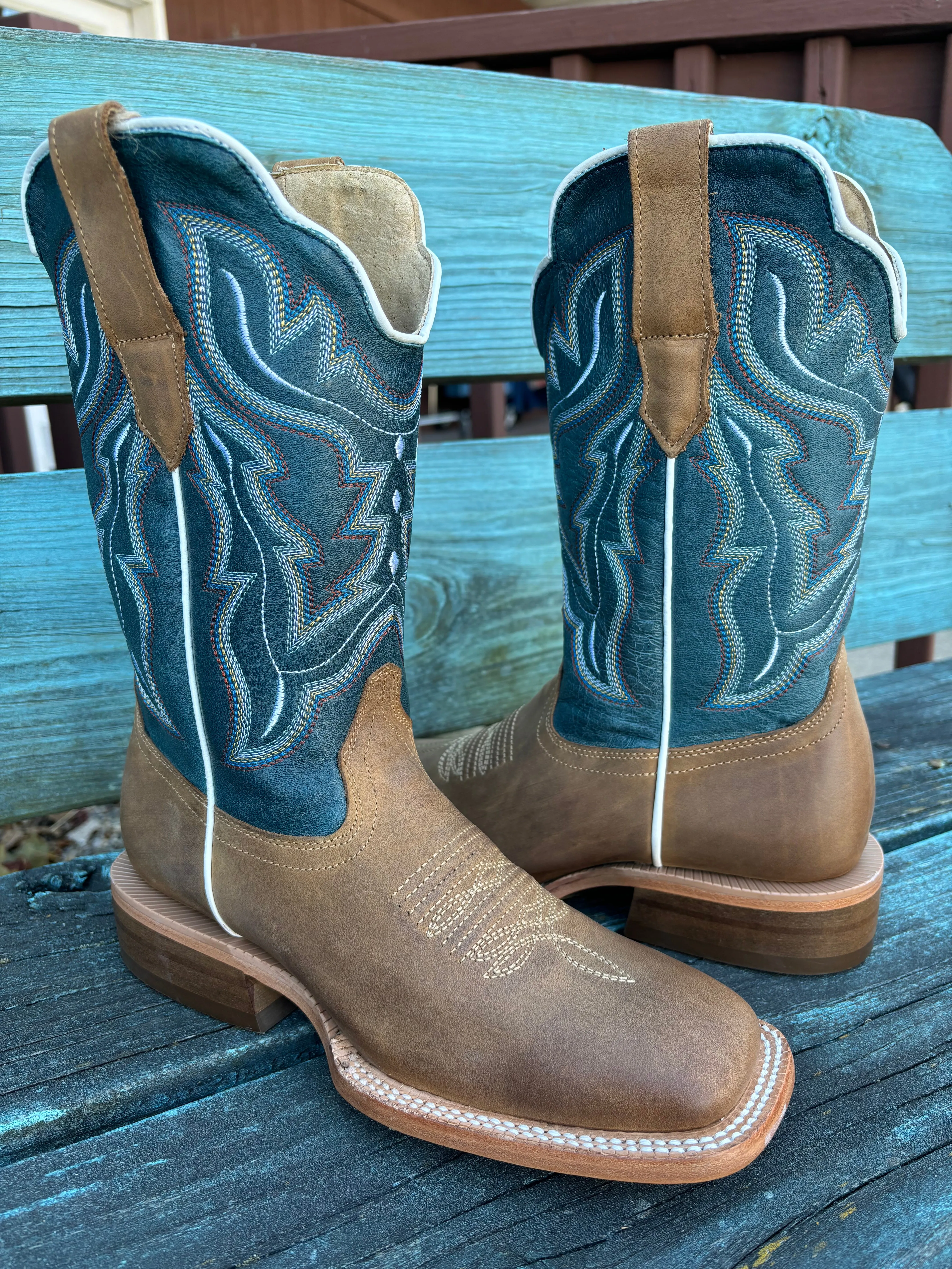 RW Ranch Women's Blue & Sundial Brown Wide Square Toe Cowgirl Boots WRL0009-2