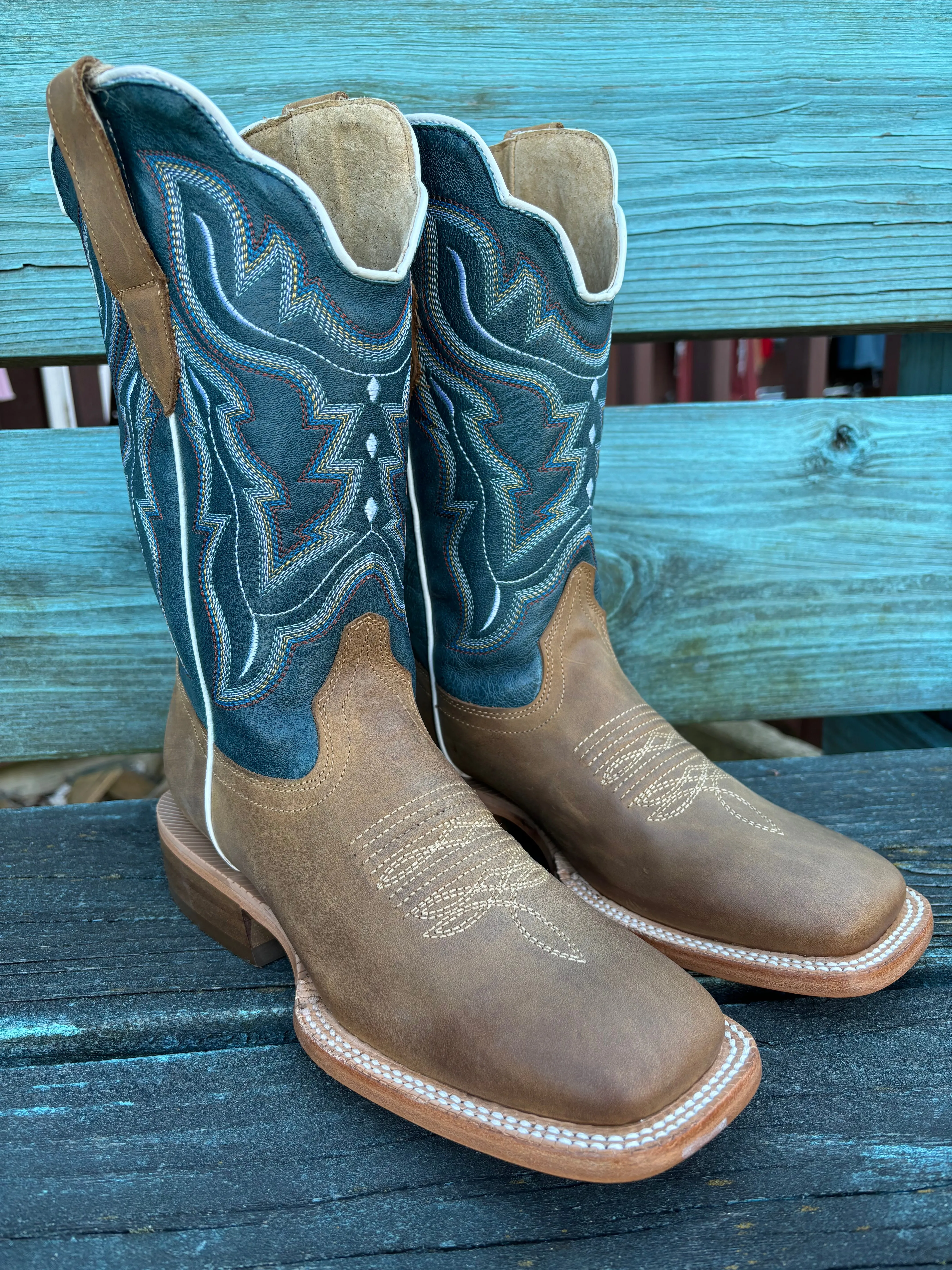 RW Ranch Women's Blue & Sundial Brown Wide Square Toe Cowgirl Boots WRL0009-2