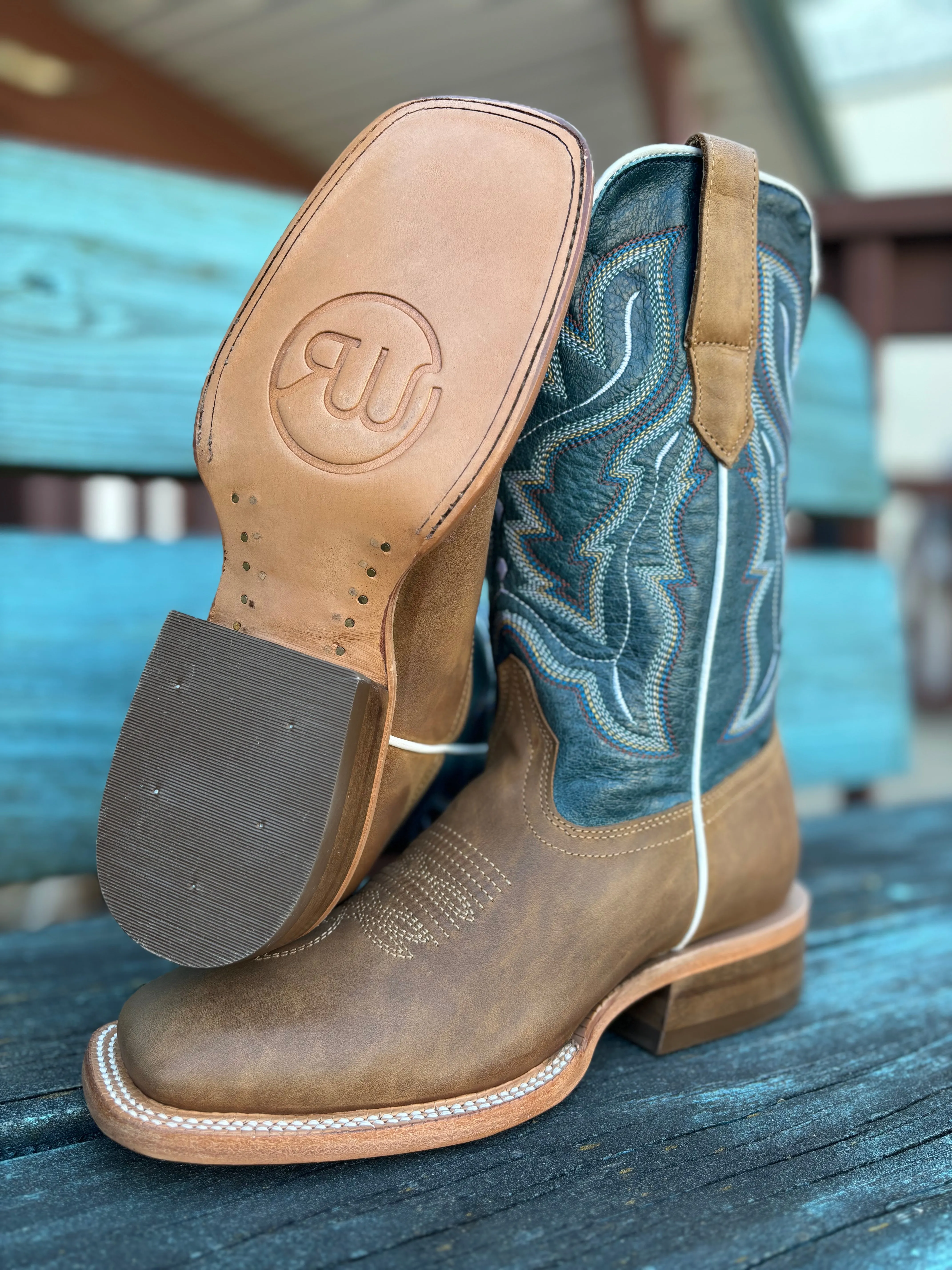 RW Ranch Women's Blue & Sundial Brown Wide Square Toe Cowgirl Boots WRL0009-2
