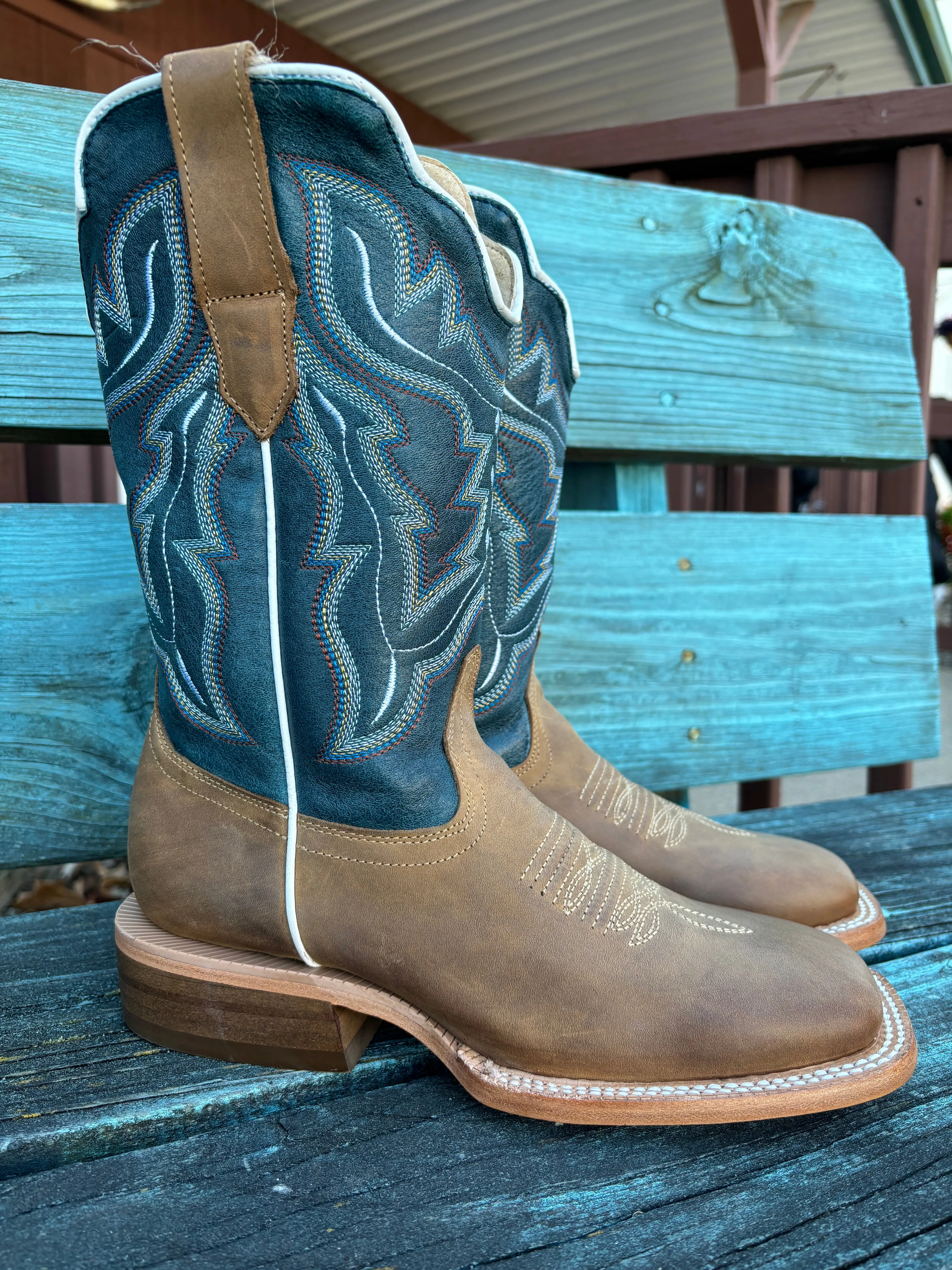 RW Ranch Women's Blue & Sundial Brown Wide Square Toe Cowgirl Boots WRL0009-2