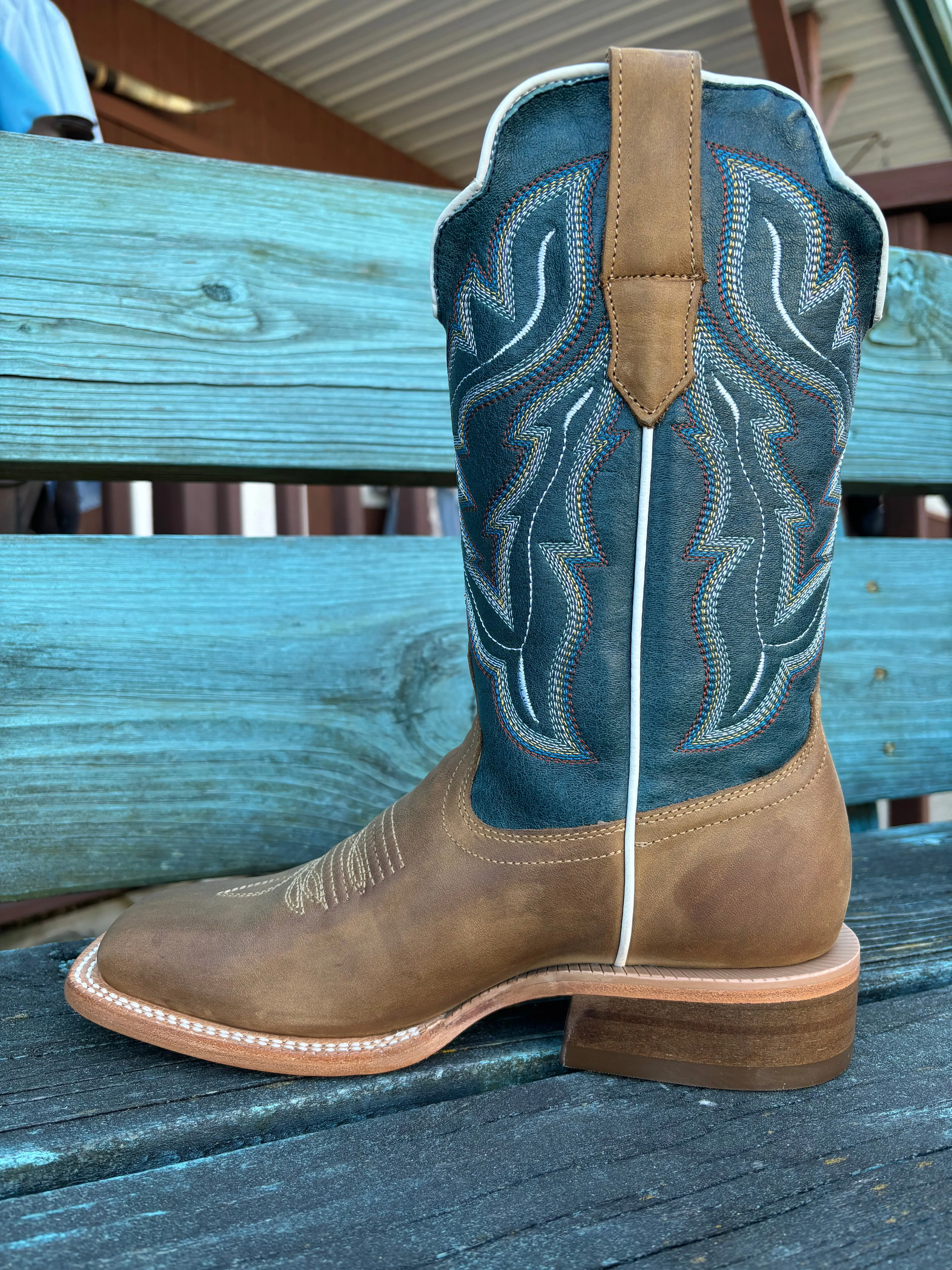 RW Ranch Women's Blue & Sundial Brown Wide Square Toe Cowgirl Boots WRL0009-2
