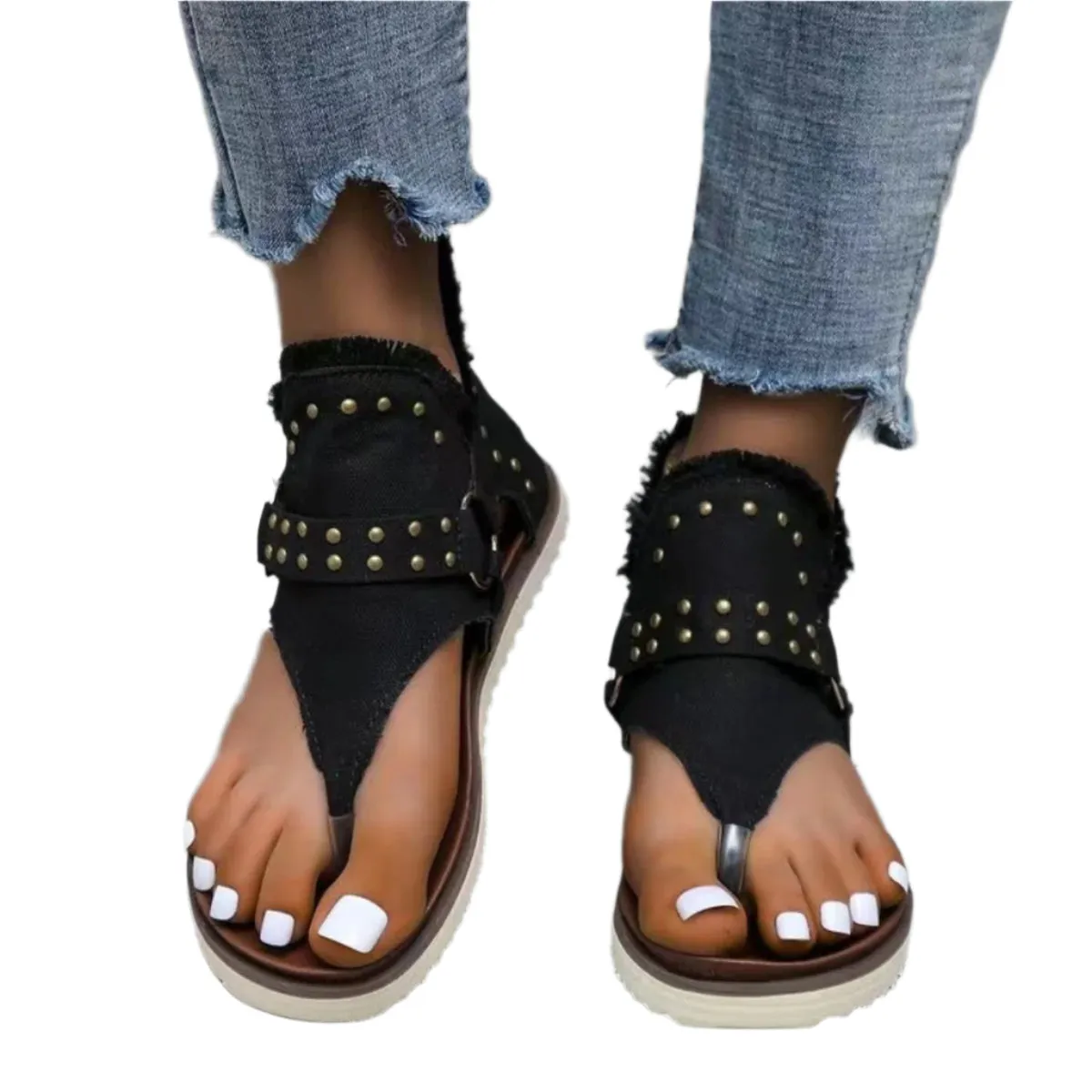 Studded Raw Hem Flat Sandals