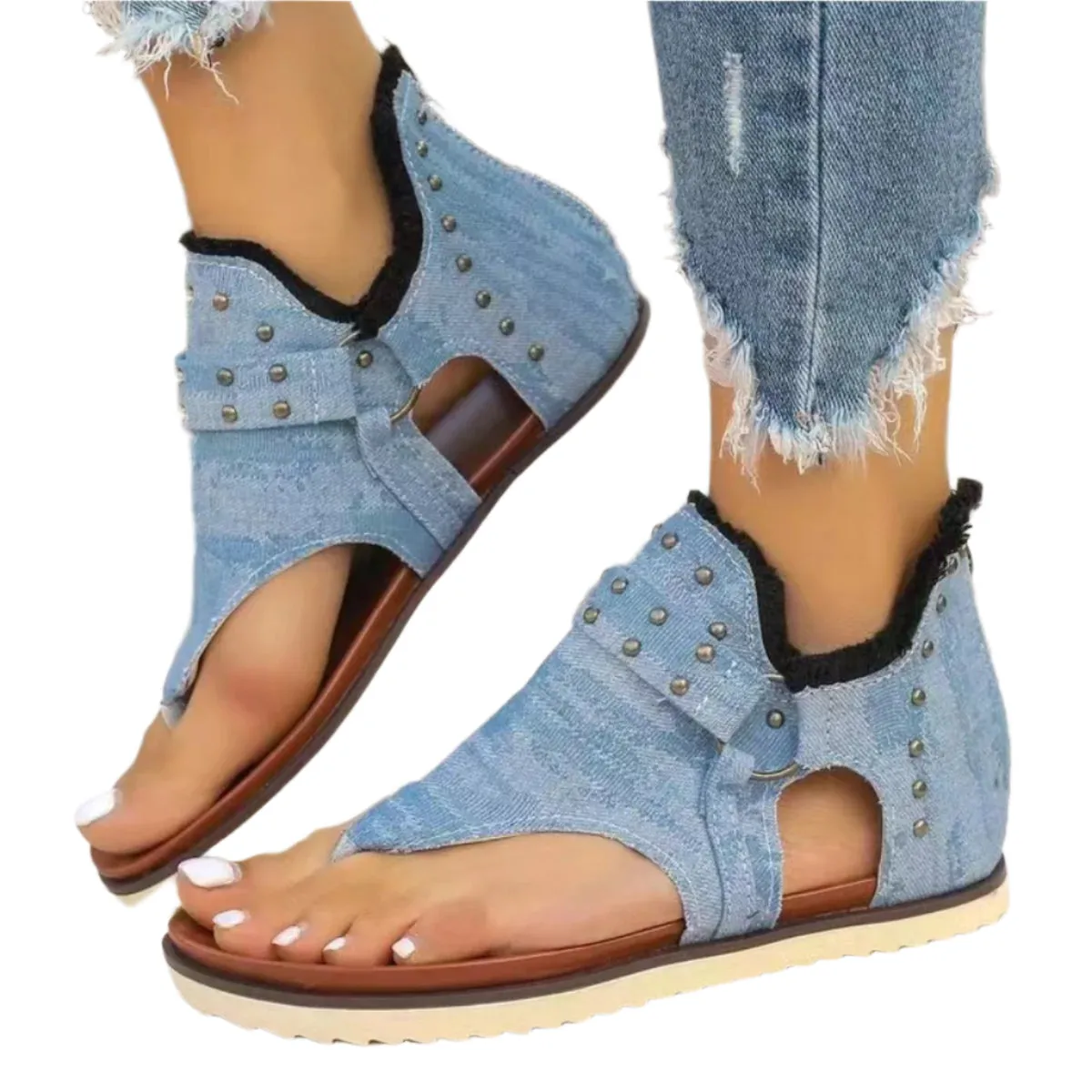 Studded Raw Hem Flat Sandals