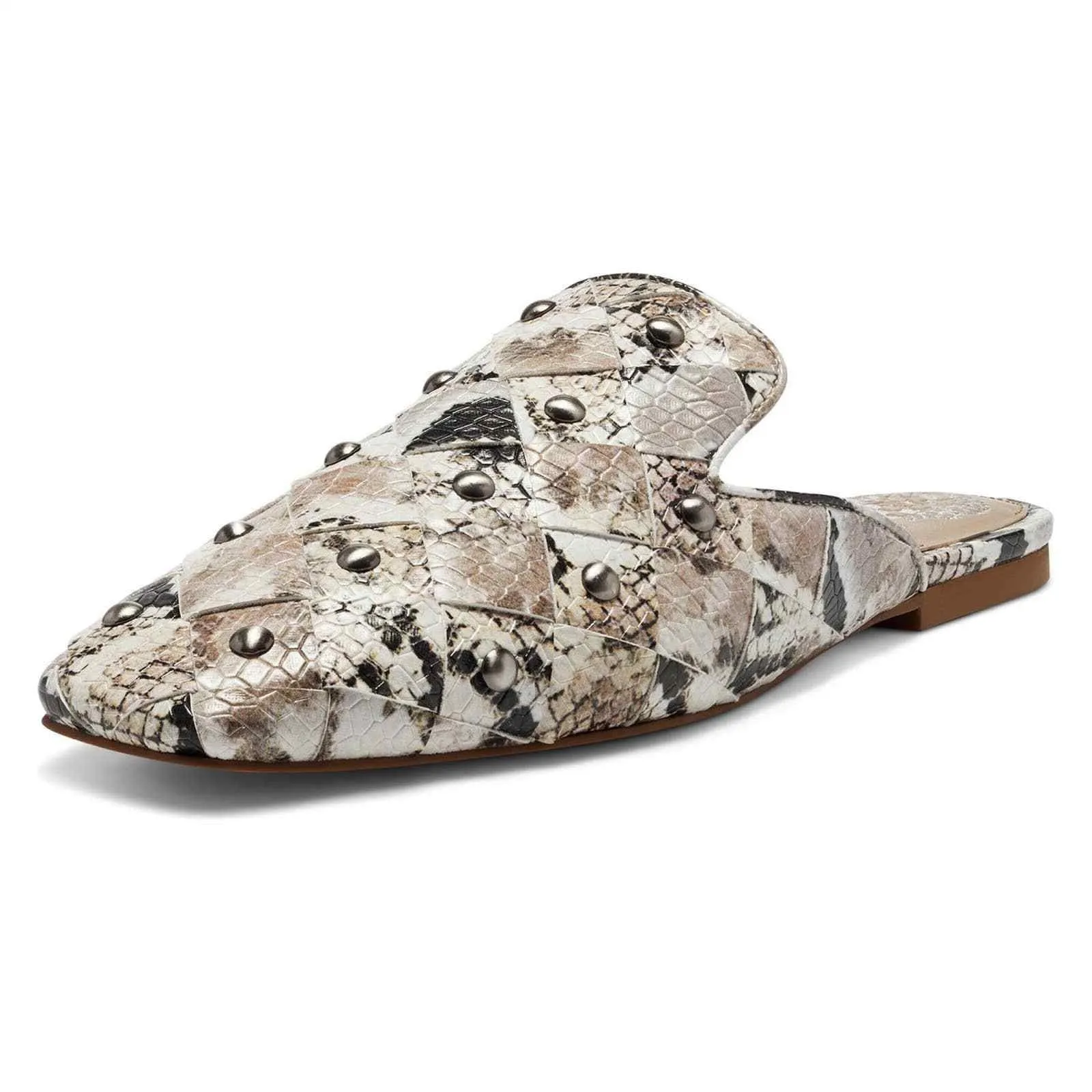 Vince Camuto Lenja Taupe Multi Leather Flat Embellished Woven Slip On Slide Mules