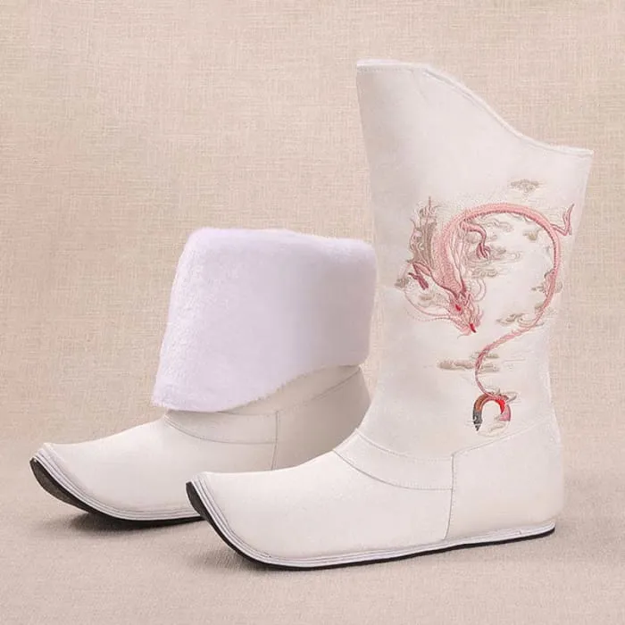 Vintage Dragon Embroidery Pointed Toe Plush Boots