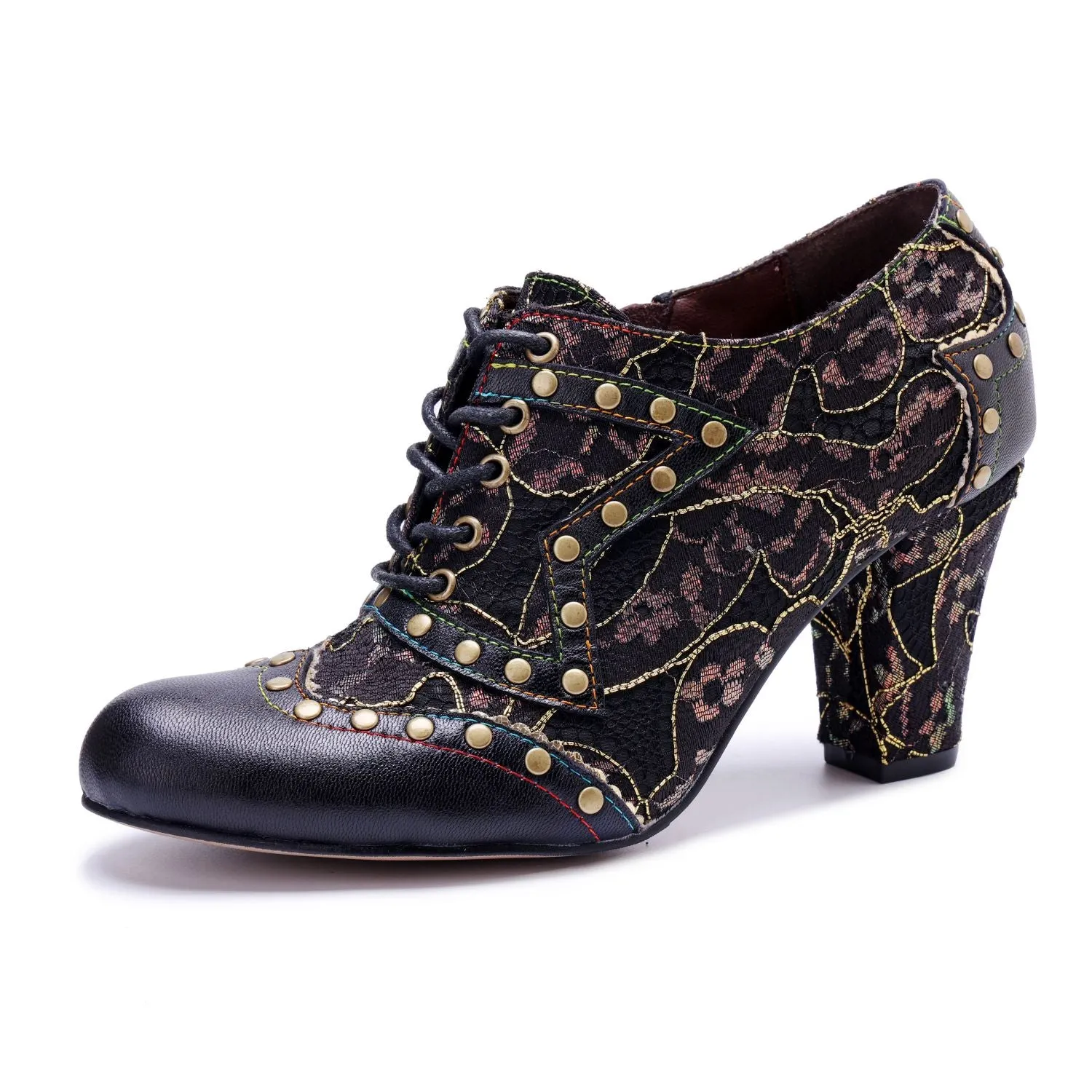Vintage Graffiti Patchwork Studded Lace-Up Side Zipper Pump (Ingrid)