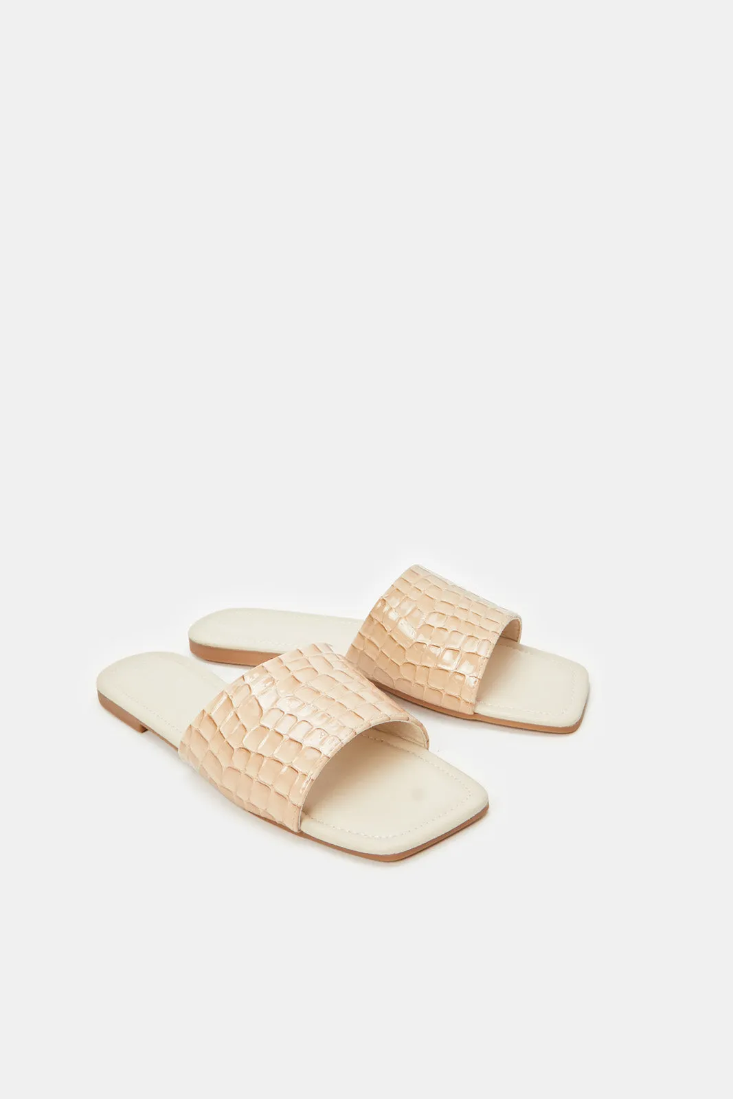 Women Beige Croc Patent Mule