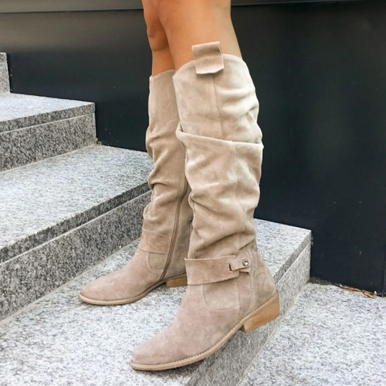 Women faux suede side zipper round toe fashion knee high boots