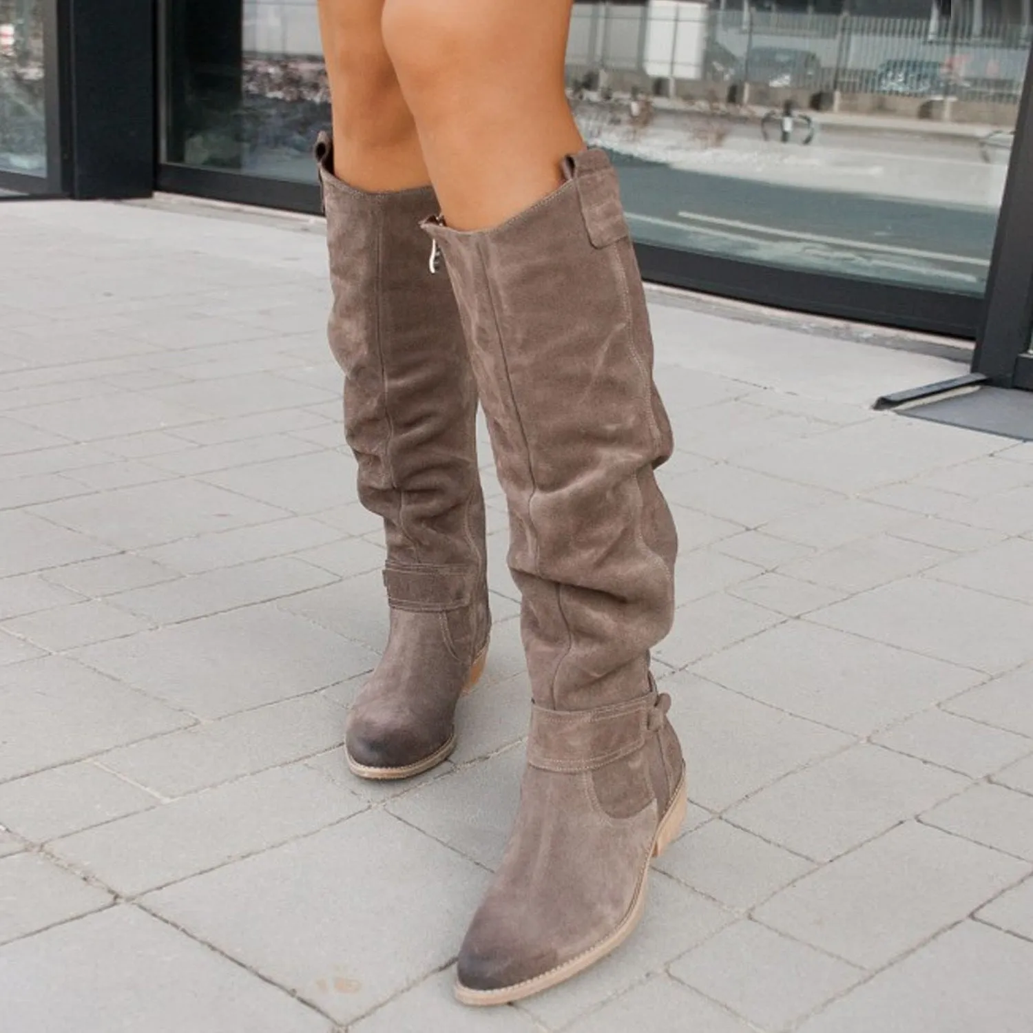 Women faux suede side zipper round toe fashion knee high boots
