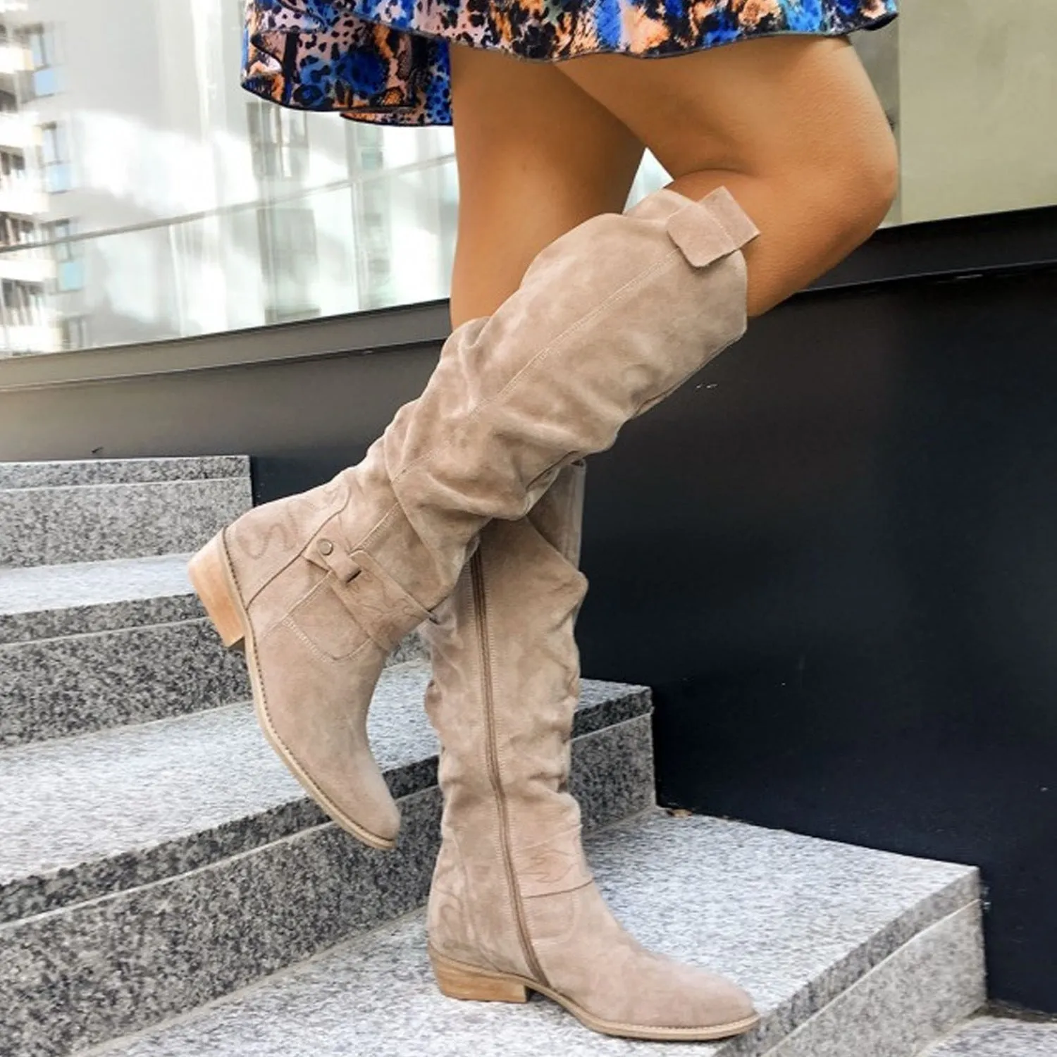 Women faux suede side zipper round toe fashion knee high boots