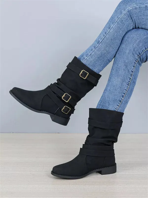 Women's Large Mid-Length Retro Boots – Buckle Casual Knight Boots for Autumn/Winter 2025