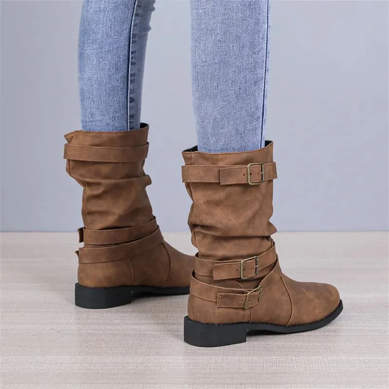 Women's Large Mid-Length Retro Boots – Buckle Casual Knight Boots for Autumn/Winter 2025